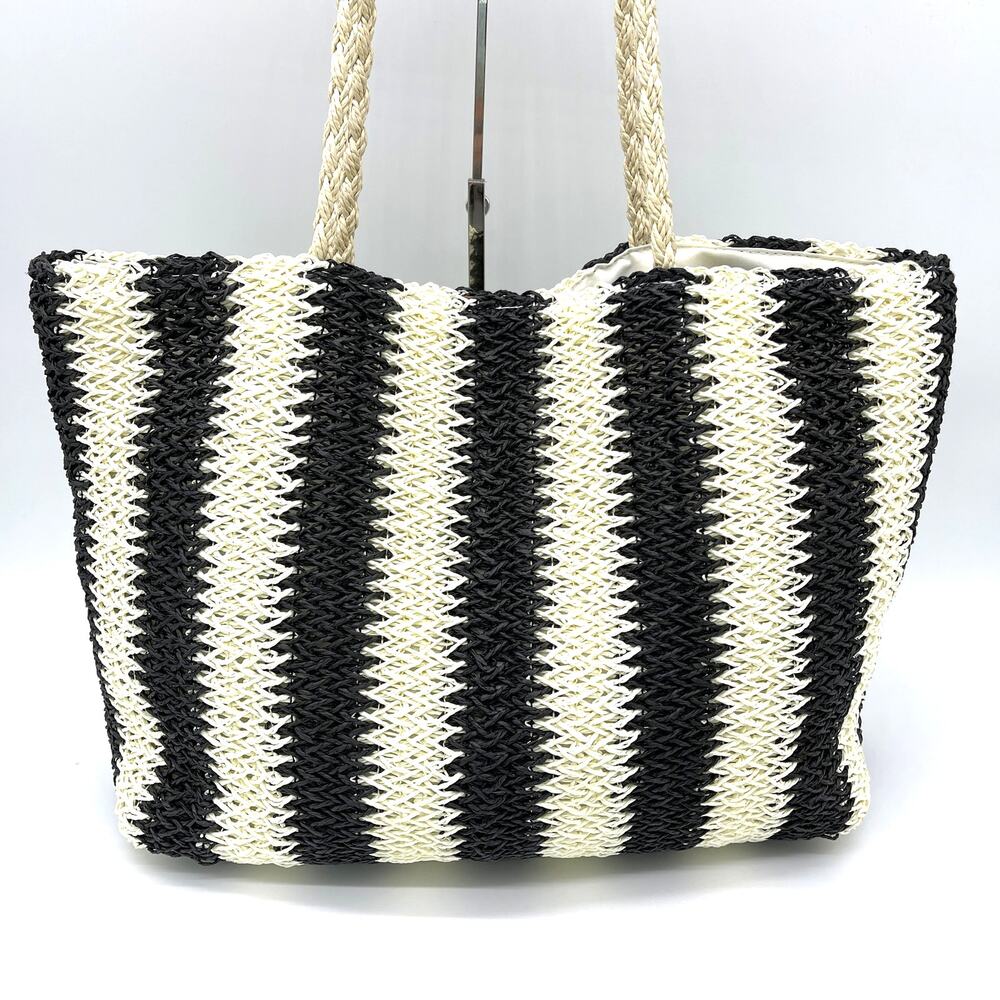 Bueno Tote Bag Large‎ Woven Straw Black Cream Beachy Boho Travel Summer Festival - Picture 3 of 13